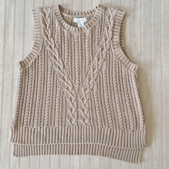 Rachel Zoe Cable Knit Beige Tan Cottagecore Causal Cotton Blend Sweater Vest. - Picture 1 of 5
